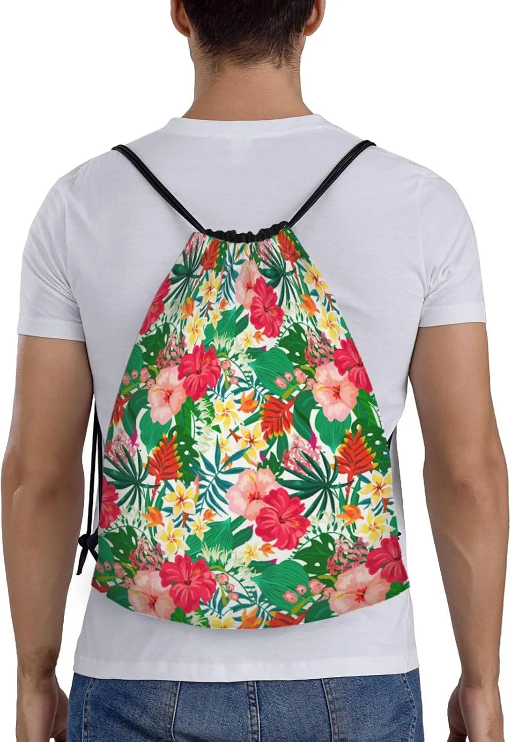 Hawaiian Flower Drawstring Backpack,Hawaii Floral Drawstring Bag Cute Beach Sack Bags For Gym Shopping Sport Yoga