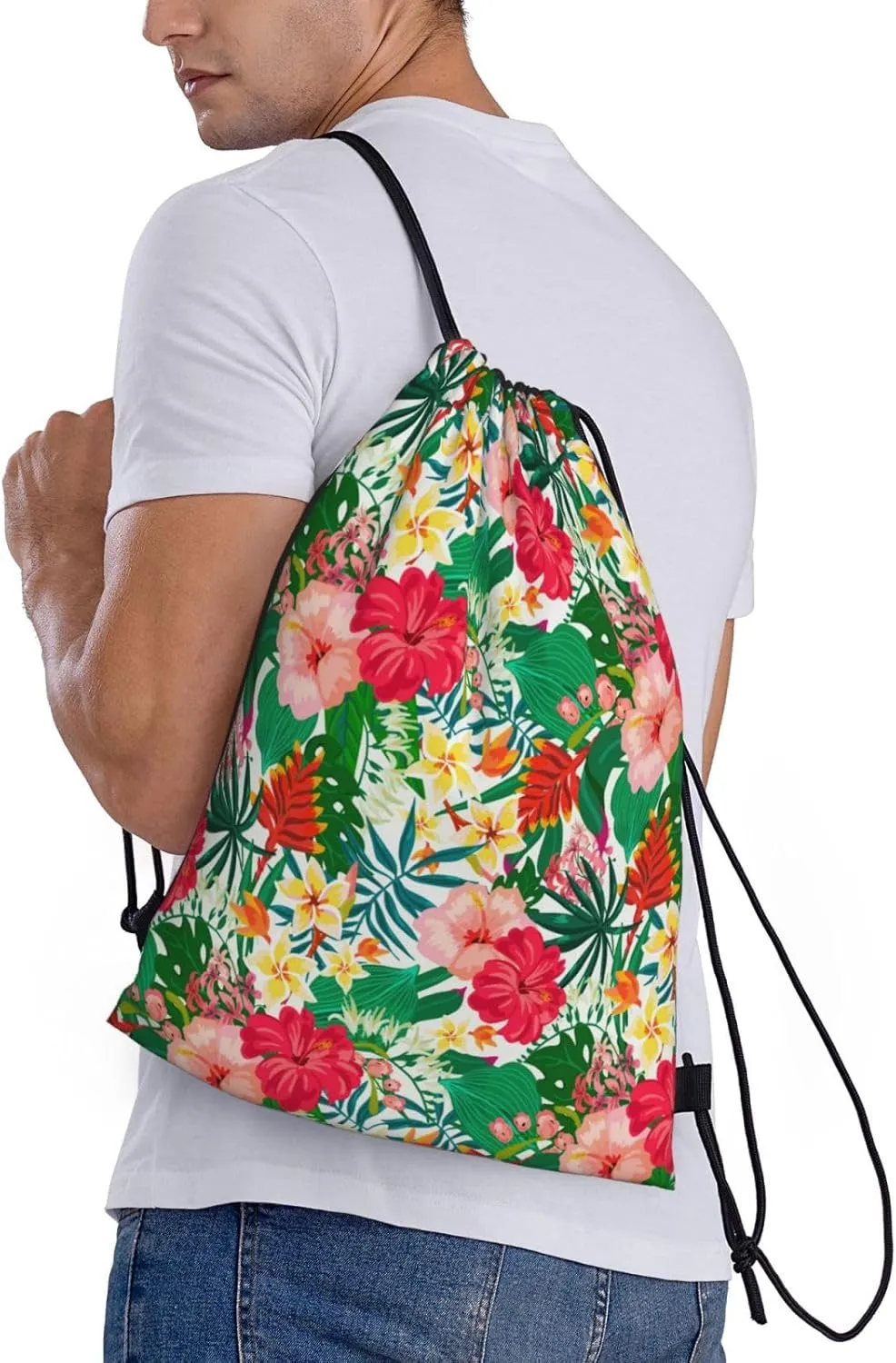 Hawaiian Flower Drawstring Backpack,Hawaii Floral Drawstring Bag Cute Beach Sack Bags For Gym Shopping Sport Yoga