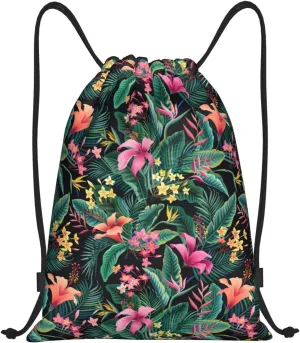 Hawaiian Flower Drawstring Backpack,Hawaii Floral Drawstring Bag Cute Beach Sack Bags For Gym Shopping Sport Yoga