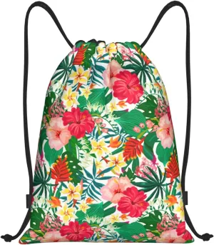 Hawaiian Flower Drawstring Backpack,Hawaii Floral Drawstring Bag Cute Beach Sack Bags For Gym Shopping Sport Yoga