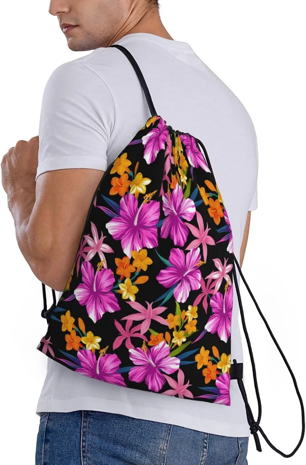 Hawaiian Flower Drawstring Backpack,Hawaii Floral Drawstring Bag Cute Beach Sack Bags For Gym Shopping Sport Yoga