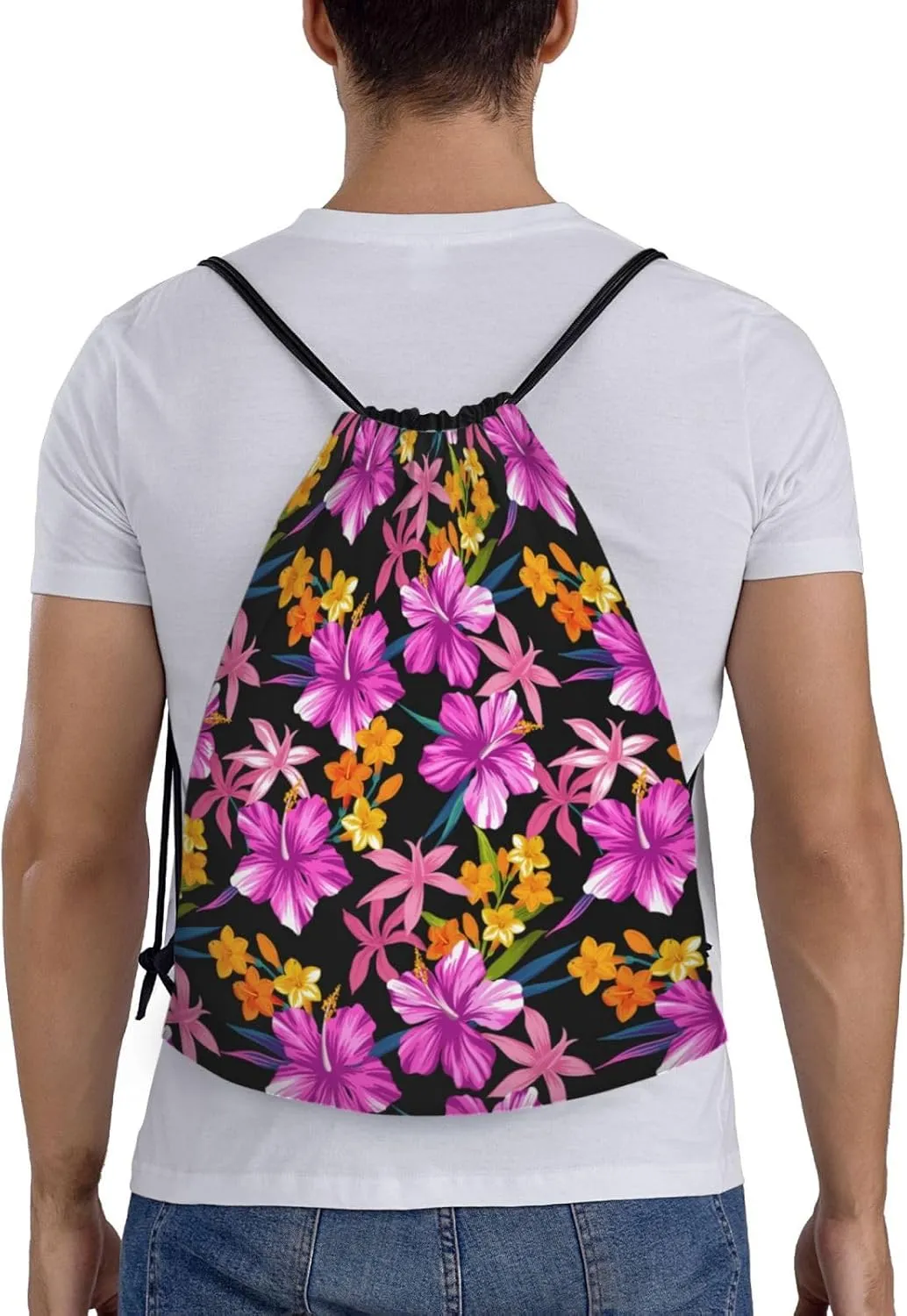 Hawaiian Flower Drawstring Backpack,Hawaii Floral Drawstring Bag Cute Beach Sack Bags For Gym Shopping Sport Yoga
