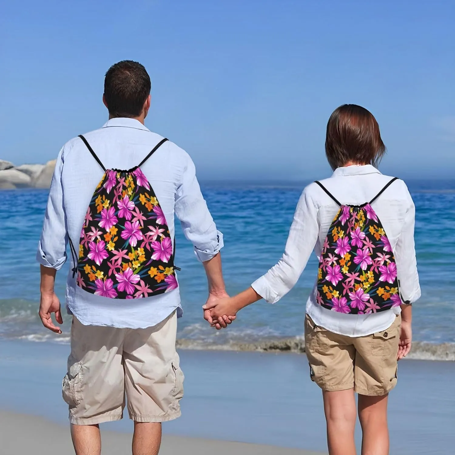 Hawaiian Flower Drawstring Backpack,Hawaii Floral Drawstring Bag Cute Beach Sack Bags For Gym Shopping Sport Yoga