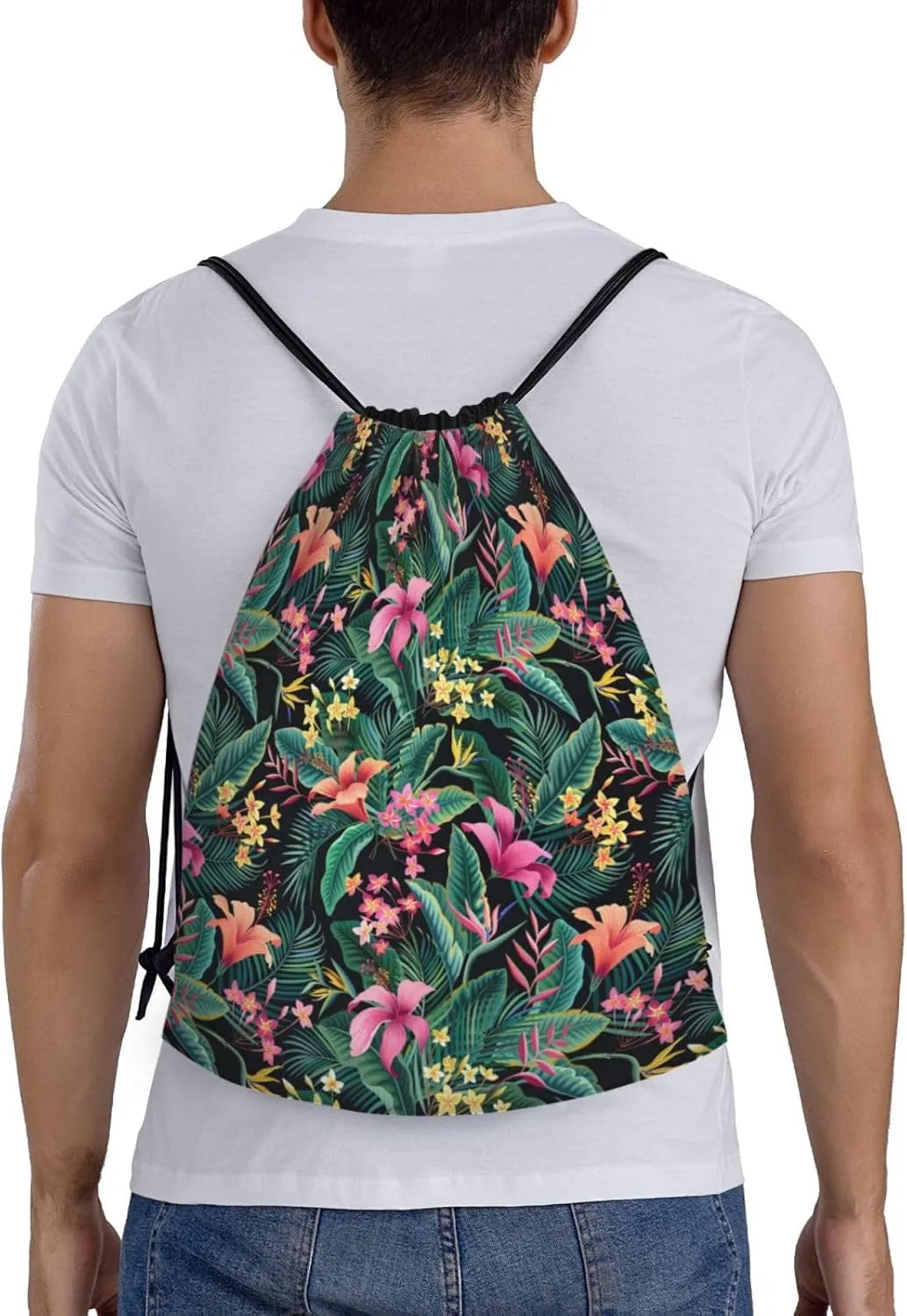 Hawaiian Flower Drawstring Backpack,Hawaii Floral Drawstring Bag Cute Beach Sack Bags For Gym Shopping Sport Yoga