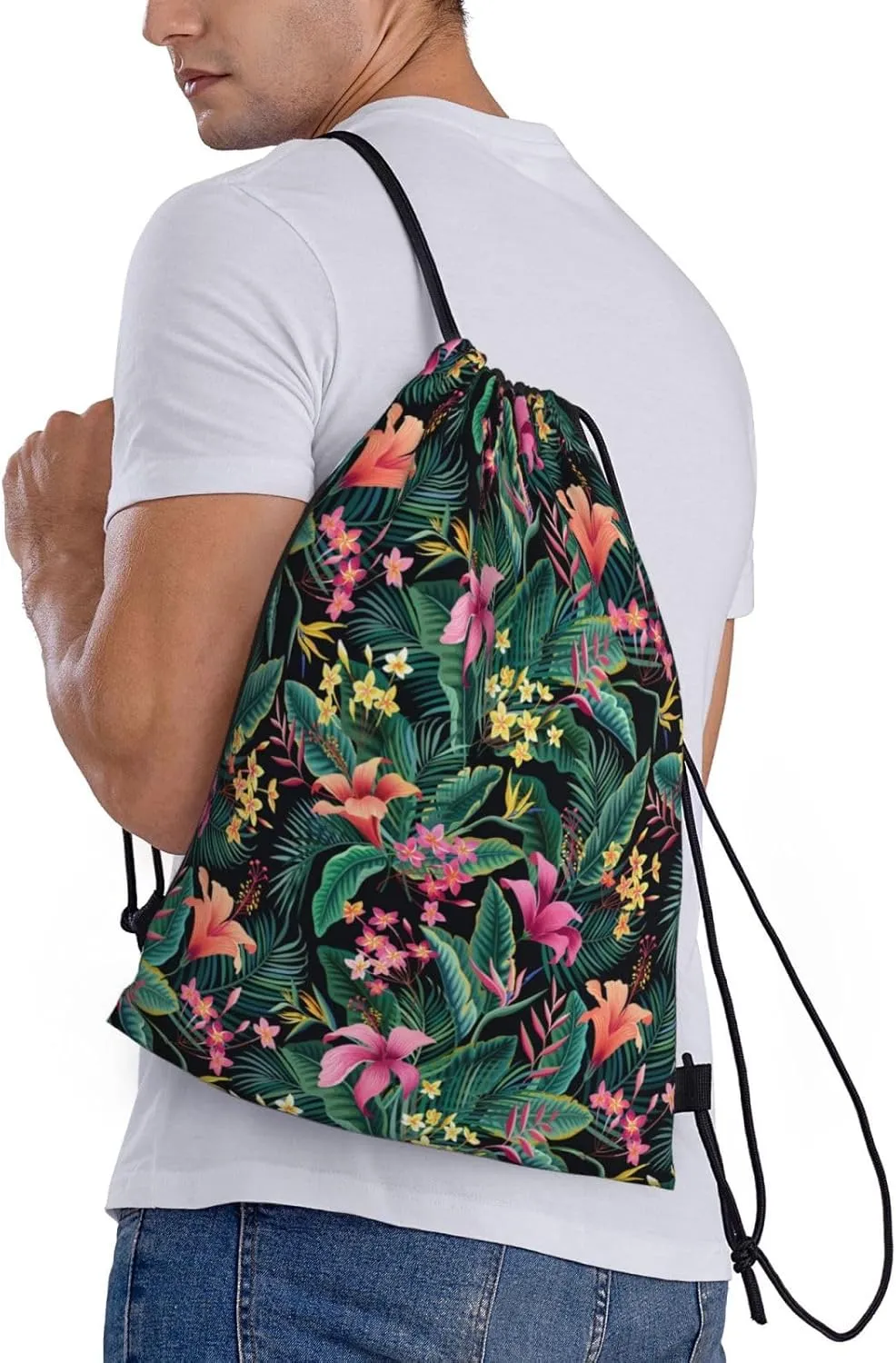 Hawaiian Flower Drawstring Backpack,Hawaii Floral Drawstring Bag Cute Beach Sack Bags For Gym Shopping Sport Yoga