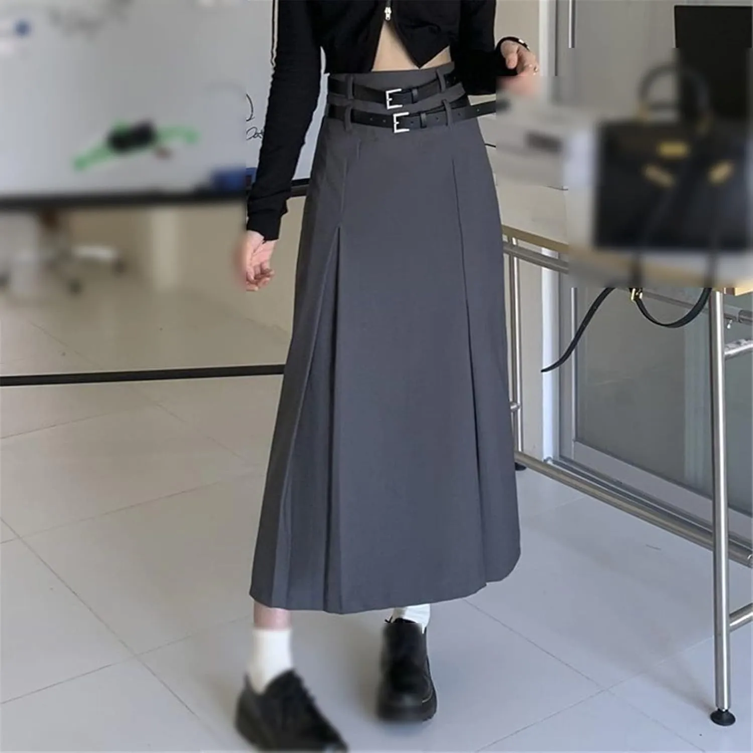High Waist Long Skirt Women's Double Belt Midi Skirt Pleated A-Line Skirt