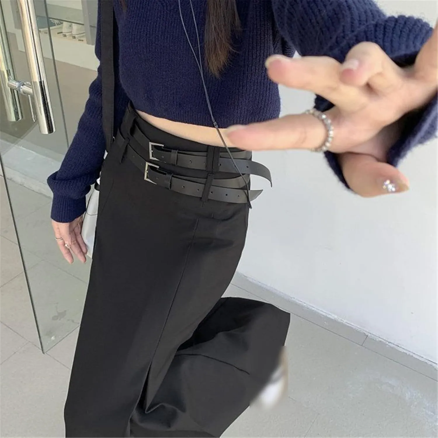 High Waist Long Skirt Women's Double Belt Midi Skirt Pleated A-Line Skirt