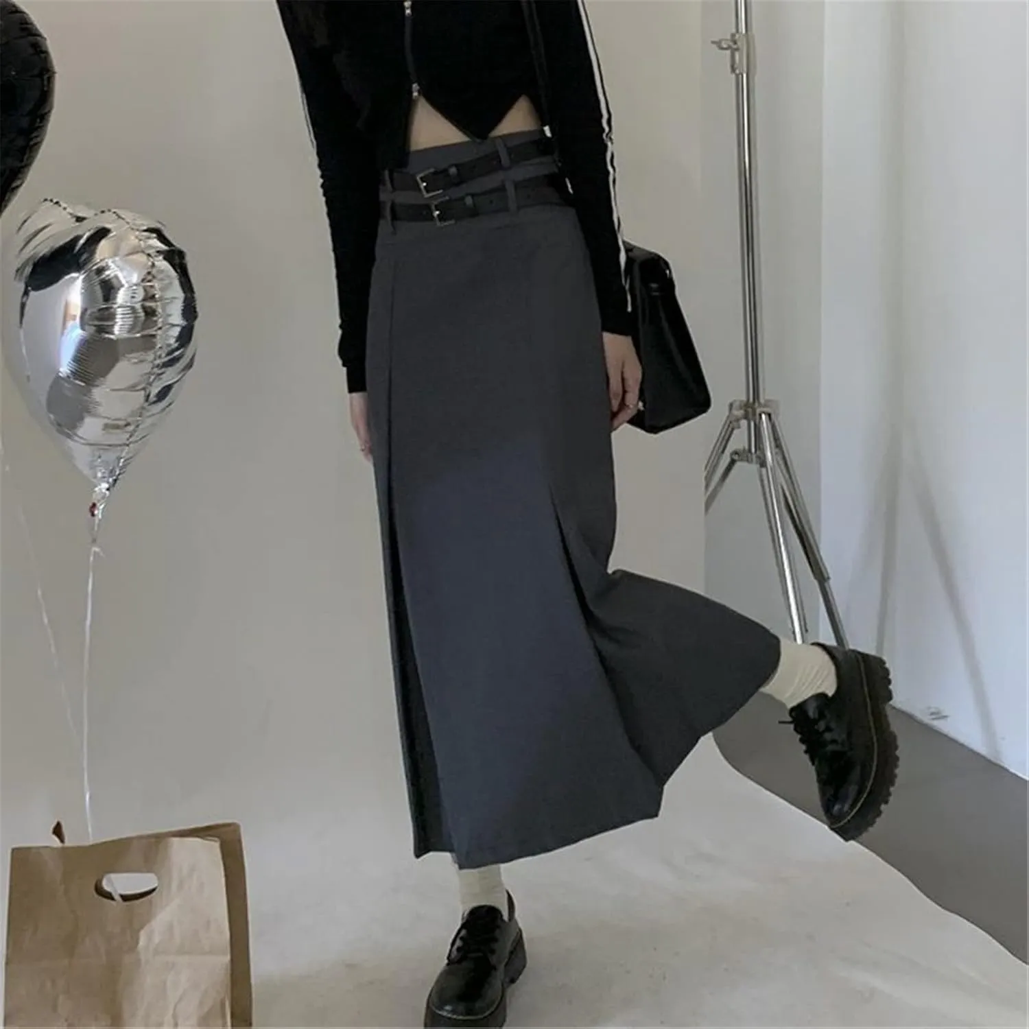 High Waist Long Skirt Women's Double Belt Midi Skirt Pleated A-Line Skirt