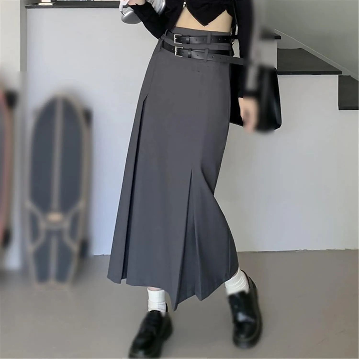 High Waist Long Skirt Women's Double Belt Midi Skirt Pleated A-Line Skirt