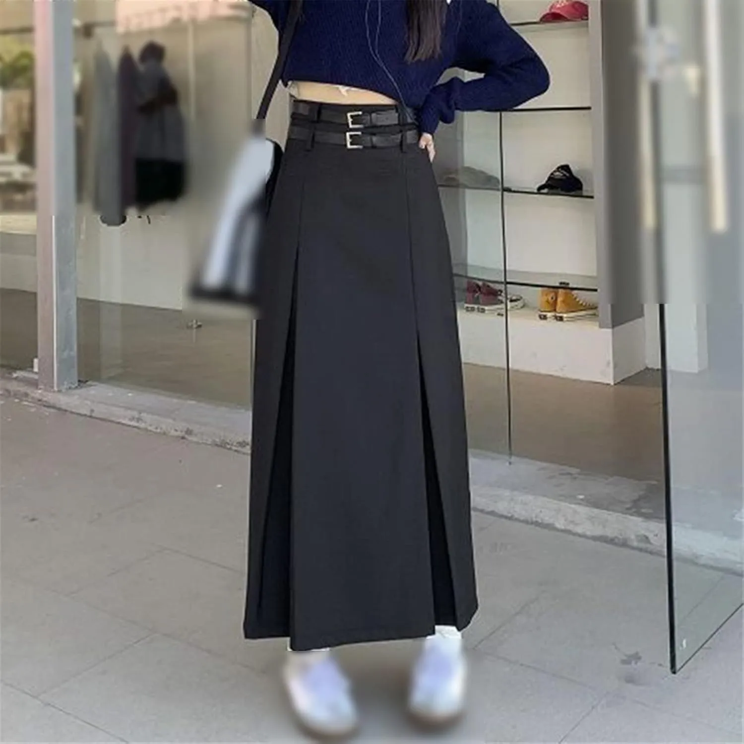 High Waist Long Skirt Women's Double Belt Midi Skirt Pleated A-Line Skirt