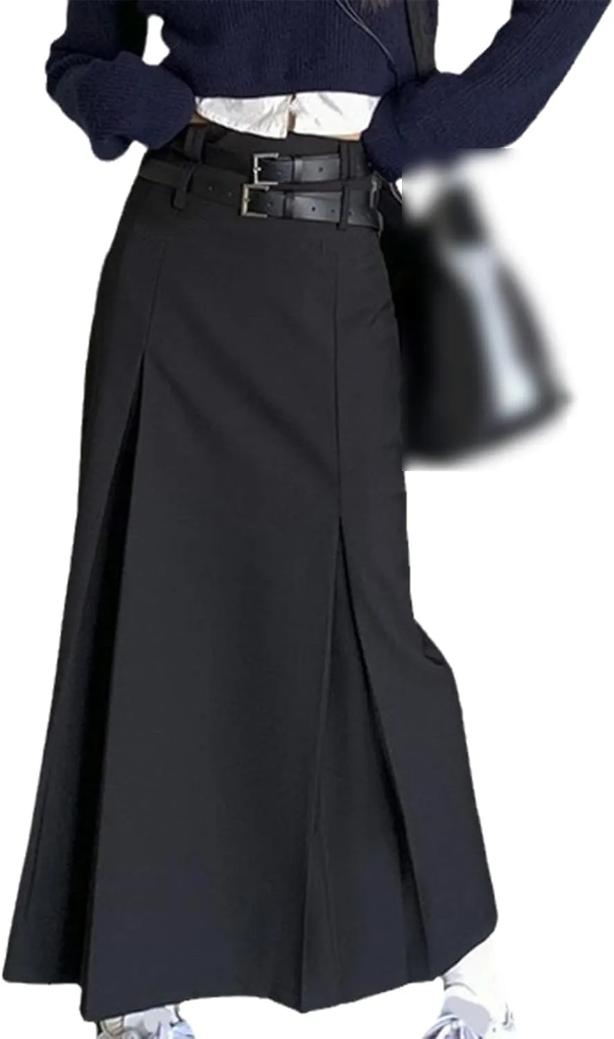 High Waist Long Skirt Women's Double Belt Midi Skirt Pleated A-Line Skirt