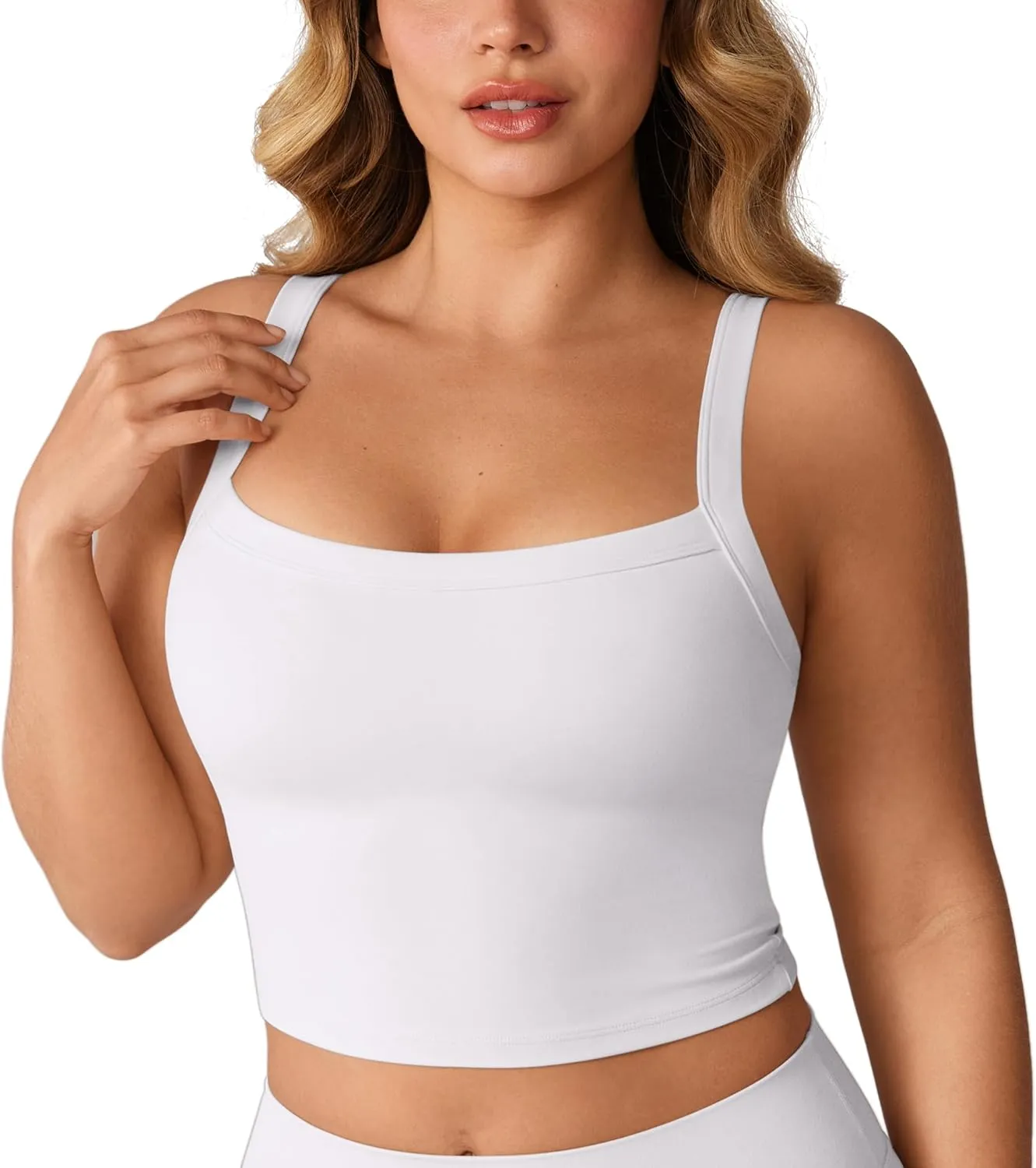 Hugcurve Adjustable Longline Sports Bra Square Neck Workout Tank Crop Tops for Women with Built in Bra Padded Camisole