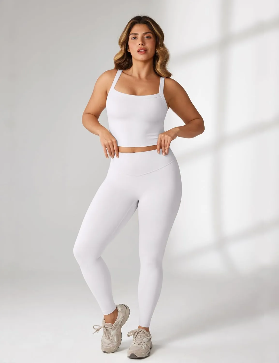 Hugcurve Adjustable Longline Sports Bra Square Neck Workout Tank Crop Tops for Women with Built in Bra Padded Camisole