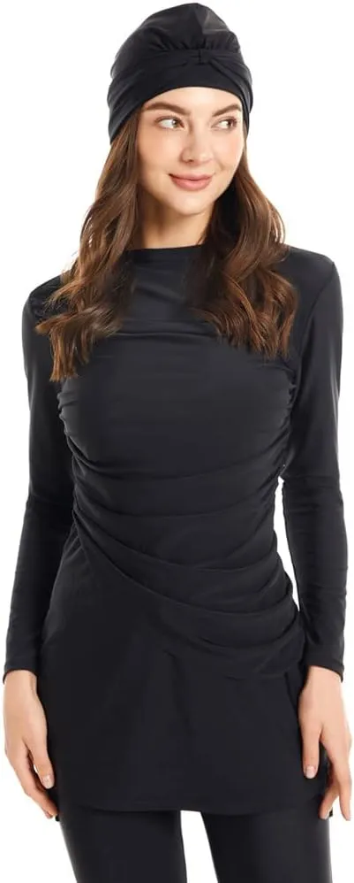 IBAKOM Muslim Swimsuit for Women Rash Guard Set 3 Pieces Long Sleeve Modest Swimwear with Swim Cap Surfing Bathing Suit