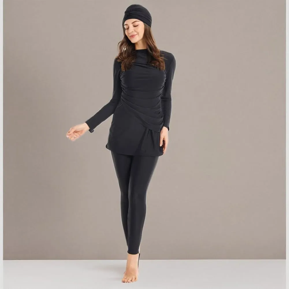 IBAKOM Muslim Swimsuit for Women Rash Guard Set 3 Pieces Long Sleeve Modest Swimwear with Swim Cap Surfing Bathing Suit