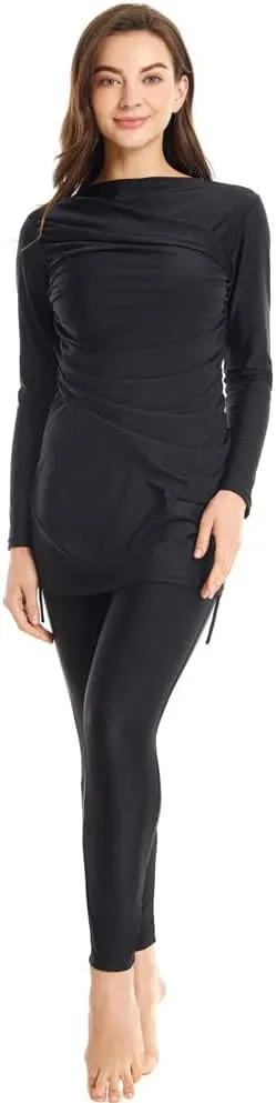 IBAKOM Muslim Swimsuit for Women Rash Guard Set 3 Pieces Long Sleeve Modest Swimwear with Swim Cap Surfing Bathing Suit
