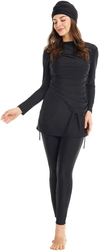 IBAKOM Muslim Swimsuit for Women Rash Guard Set 3 Pieces Long Sleeve Modest Swimwear with Swim Cap Surfing Bathing Suit
