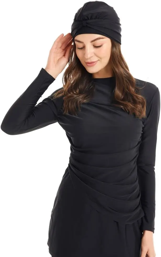 IBAKOM Muslim Swimsuit for Women Rash Guard Set 3 Pieces Long Sleeve Modest Swimwear with Swim Cap Surfing Bathing Suit