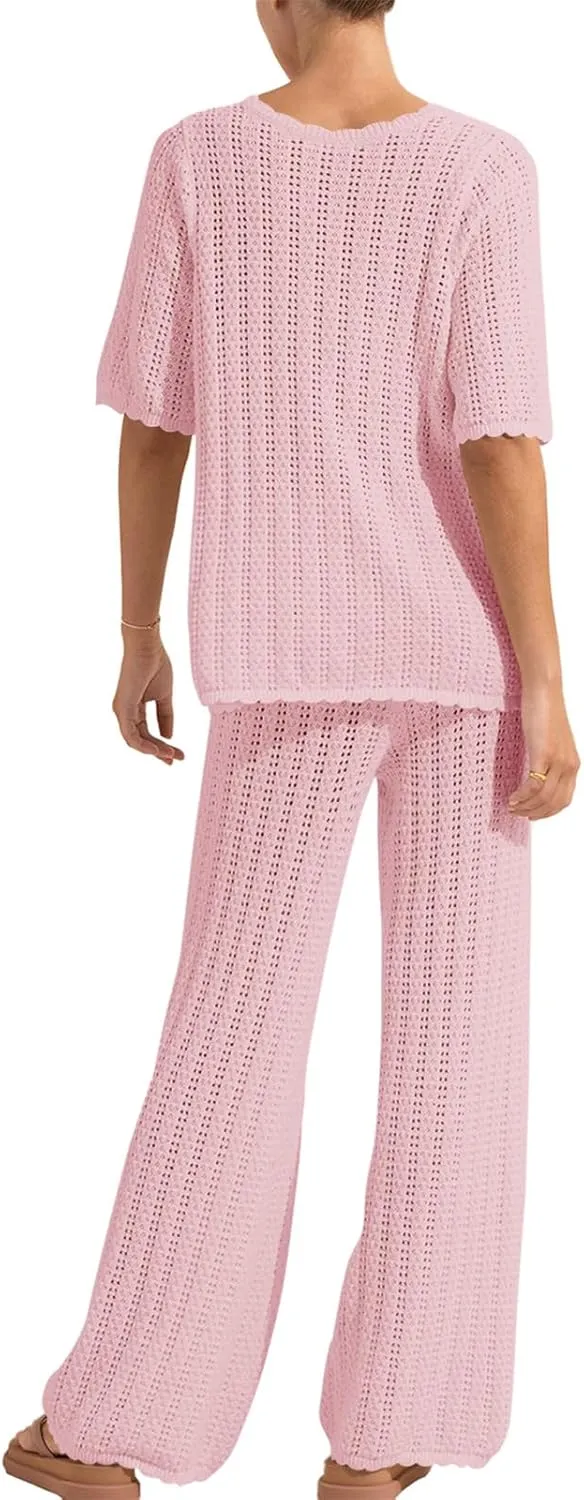 Imily Bela Women's Summer 2 Piece Swimsuit Cover up Crochet Knit Cardigan Tops Long Pants Set Bathing Suit Beach Outfit
