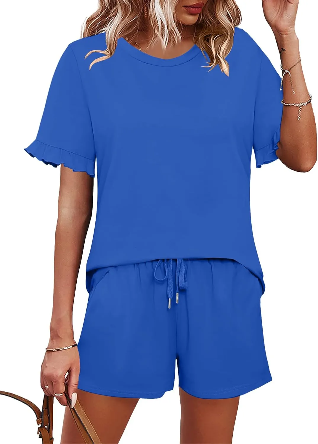 Ivicoer 2 Piece Sets for Women Casual Summer Loungewear Short Sleeve Tops and Elastic Waist Shorts with Pockets