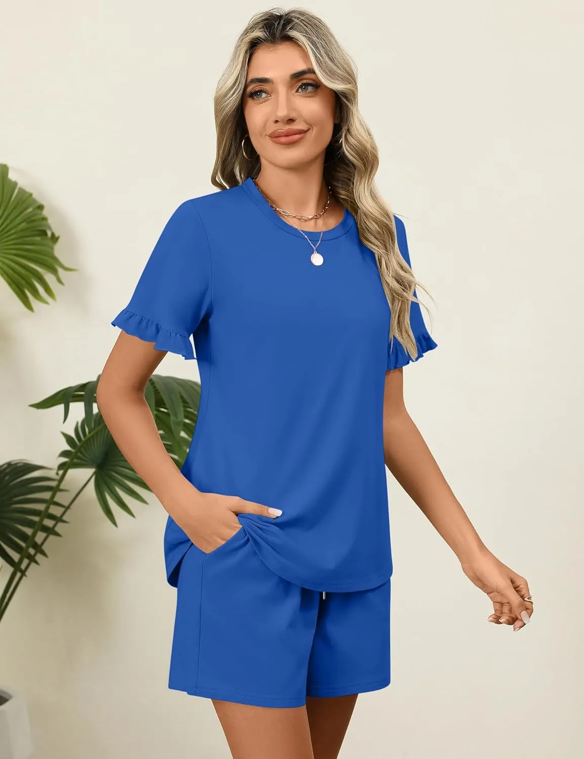 Ivicoer 2 Piece Sets for Women Casual Summer Loungewear Short Sleeve Tops and Elastic Waist Shorts with Pockets