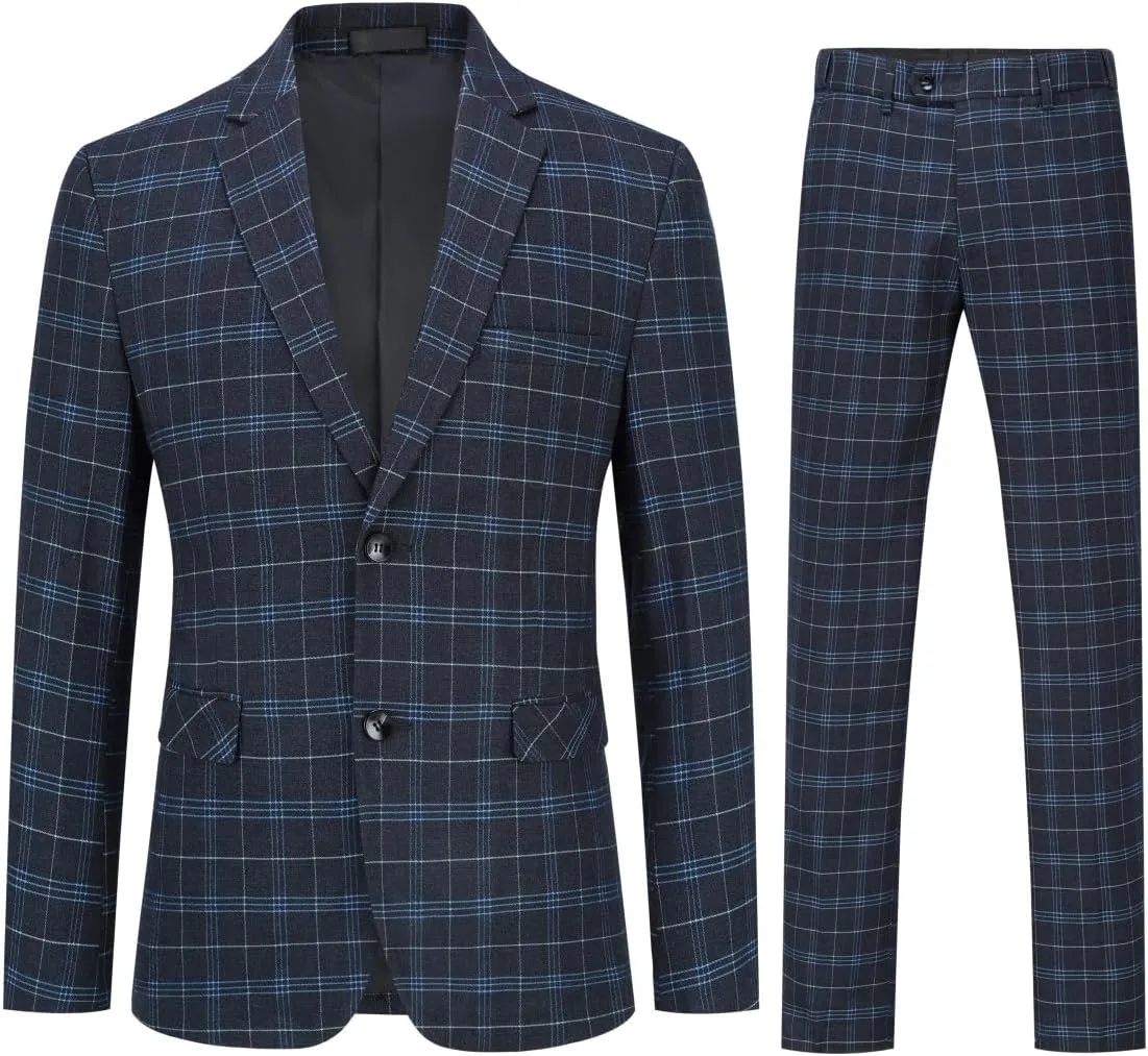 Iynnijoy Mens 2 Piece Slim Fit Suit Casual Plaid Tuxedo Suit for Men Party Wedding Business Dress Suit Set