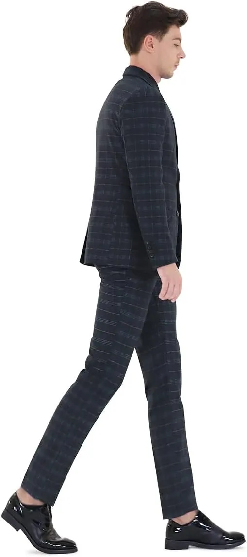 Iynnijoy Mens 2 Piece Slim Fit Suit Casual Plaid Tuxedo Suit for Men Party Wedding Business Dress Suit Set