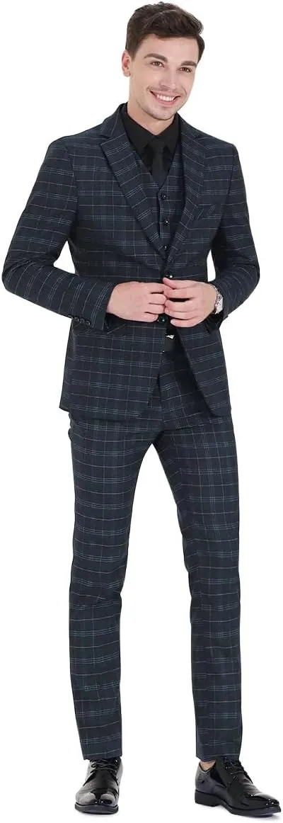 Iynnijoy Mens 2 Piece Slim Fit Suit Casual Plaid Tuxedo Suit for Men Party Wedding Business Dress Suit Set