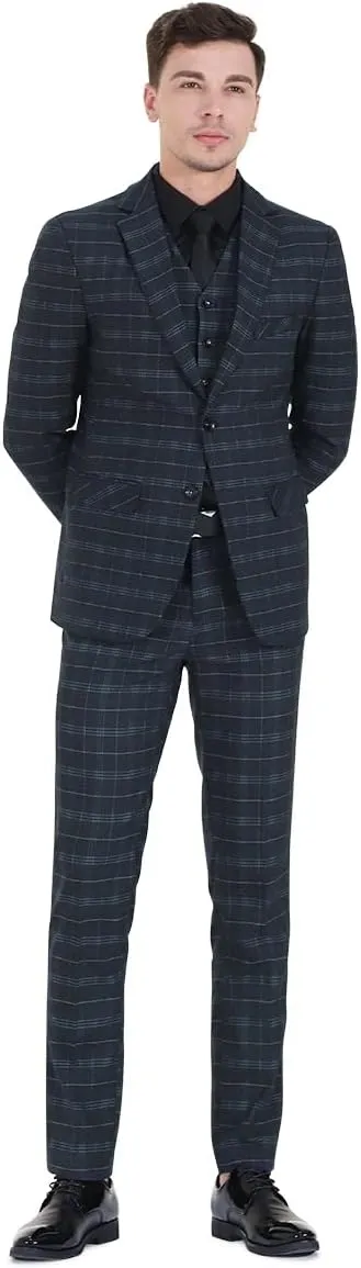 Iynnijoy Mens 2 Piece Slim Fit Suit Casual Plaid Tuxedo Suit for Men Party Wedding Business Dress Suit Set