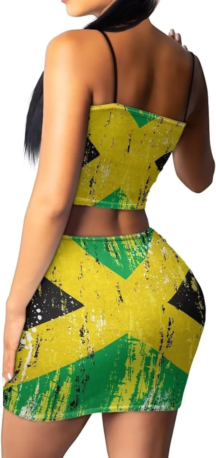 Jamaican Dress Set Jamaica Clothes Sexy Spaghetti Strap Crop Tops and Bodycon Mini Skirt Dress Set s-4xl