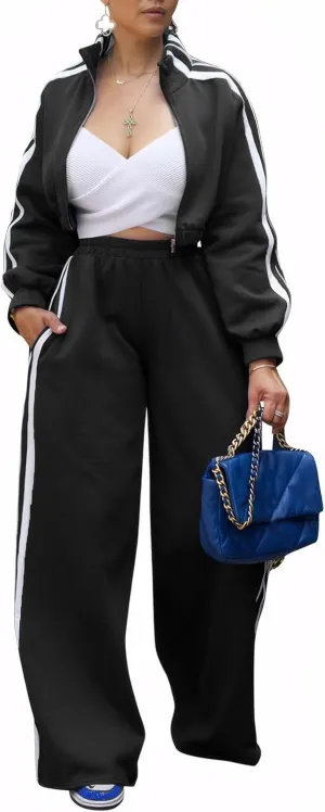 KANSOON Sweatsuits Women 2 Piece Outfit Zip Up Crop Sweatshirt Wide Leg Sweatpants Matching Sweat Set Tracksuit