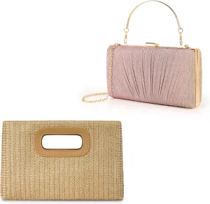 Khaki Top Handle Straw Clutch Handbags for Women with Pink Evening Clutch Purse