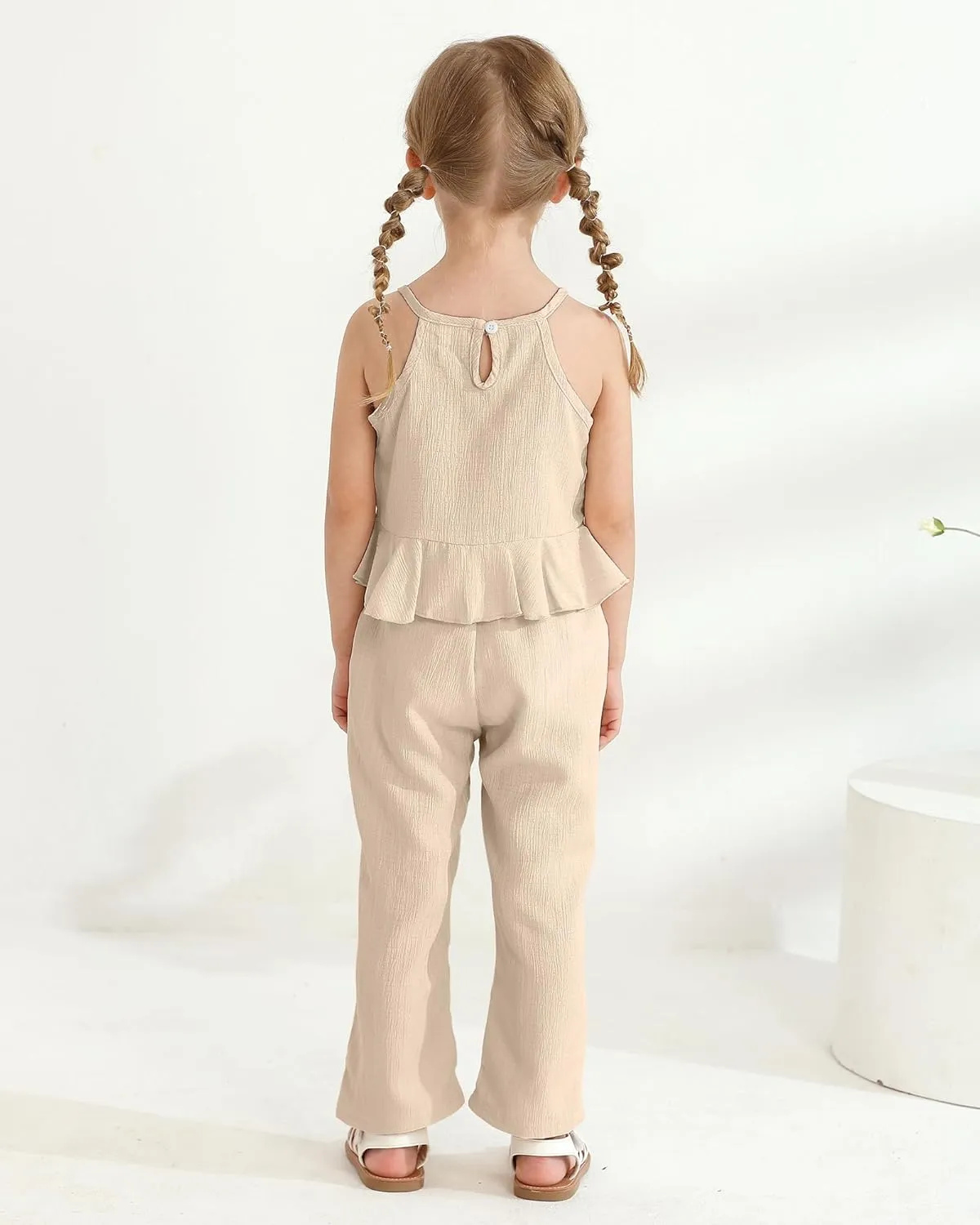 Kucnuzki Baby Girl Clothes Toddler Girl Summer Outfits Sleeveless Ruffle Halter Tops Wide Leg Pants Kids Clothing Set
