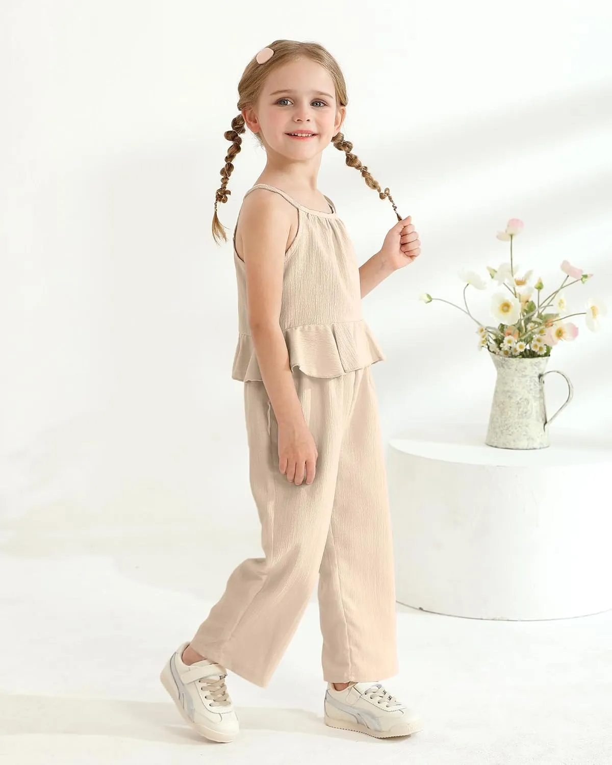 Kucnuzki Baby Girl Clothes Toddler Girl Summer Outfits Sleeveless Ruffle Halter Tops Wide Leg Pants Kids Clothing Set