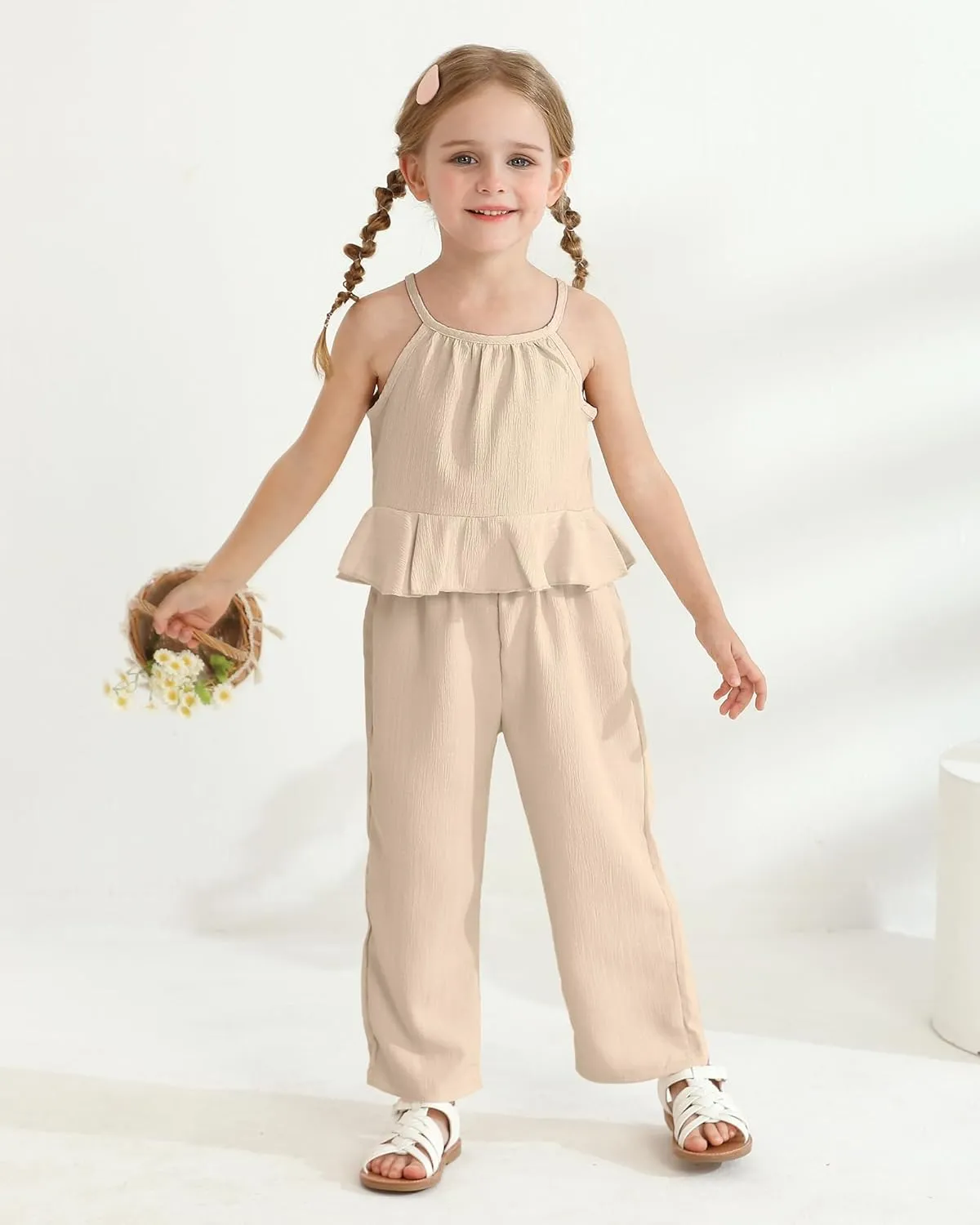 Kucnuzki Baby Girl Clothes Toddler Girl Summer Outfits Sleeveless Ruffle Halter Tops Wide Leg Pants Kids Clothing Set