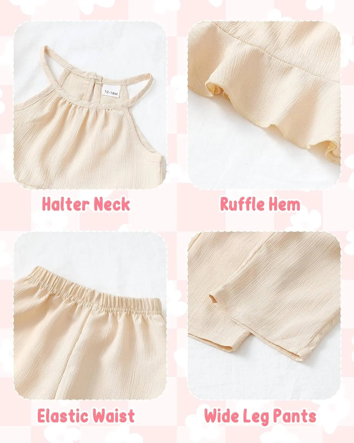 Kucnuzki Baby Girl Clothes Toddler Girl Summer Outfits Sleeveless Ruffle Halter Tops Wide Leg Pants Kids Clothing Set