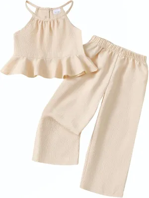 Kucnuzki Baby Girl Clothes Toddler Girl Summer Outfits Sleeveless Ruffle Halter Tops Wide Leg Pants Kids Clothing Set