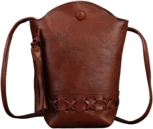 Ladies Mini Crossbody Bag Vintage Top Layer Cowhide Woven Mobile Pouch Casual Shoulder Bucket Bag with Tassel