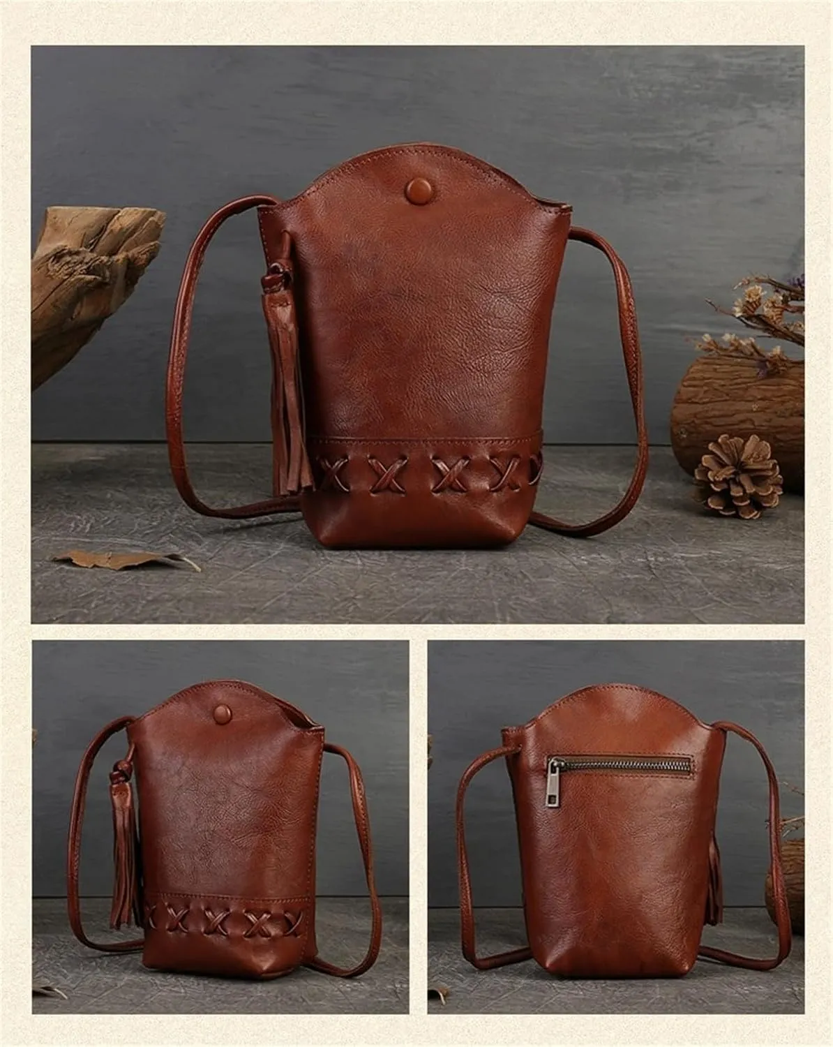 Ladies Mini Crossbody Bag Vintage Top Layer Cowhide Woven Mobile Pouch Casual Shoulder Bucket Bag with Tassel