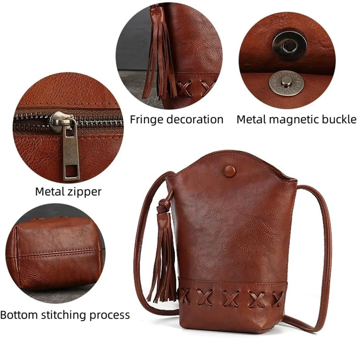Ladies Mini Crossbody Bag Vintage Top Layer Cowhide Woven Mobile Pouch Casual Shoulder Bucket Bag with Tassel