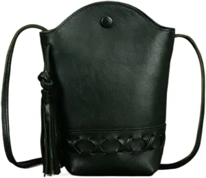 Ladies Mini Crossbody Bag Vintage Top Layer Cowhide Woven Mobile Pouch Casual Shoulder Bucket Bag with Tassel