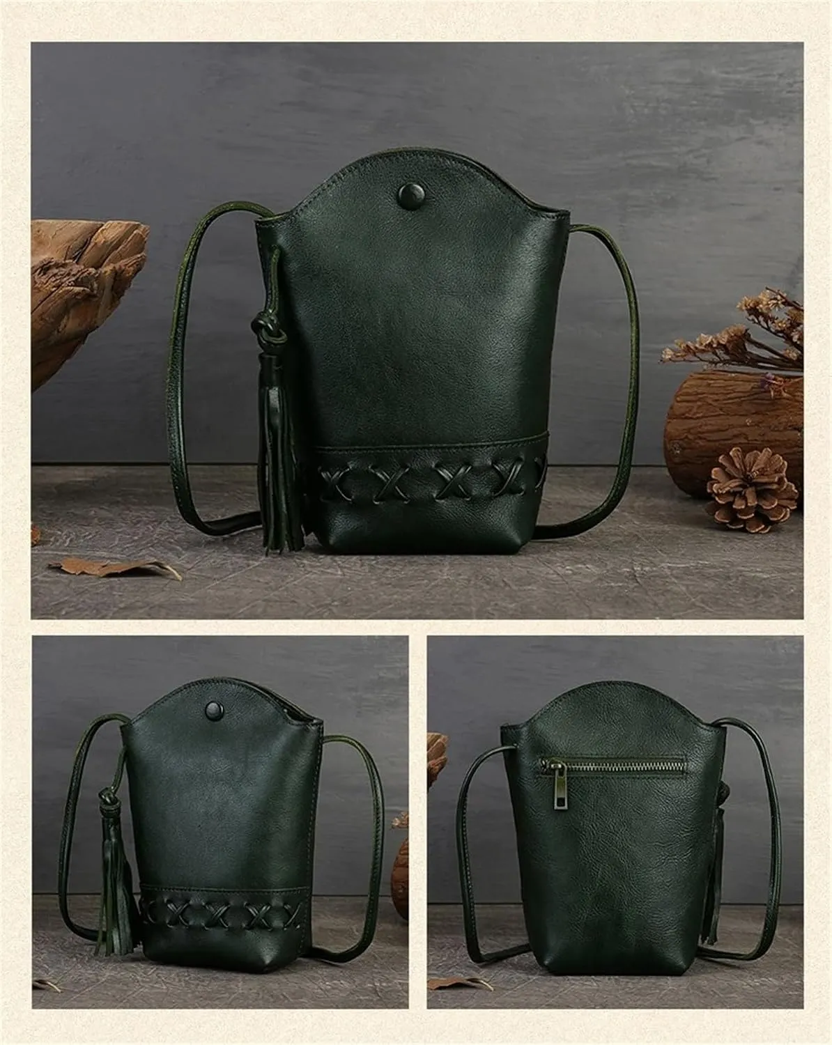 Ladies Mini Crossbody Bag Vintage Top Layer Cowhide Woven Mobile Pouch Casual Shoulder Bucket Bag with Tassel