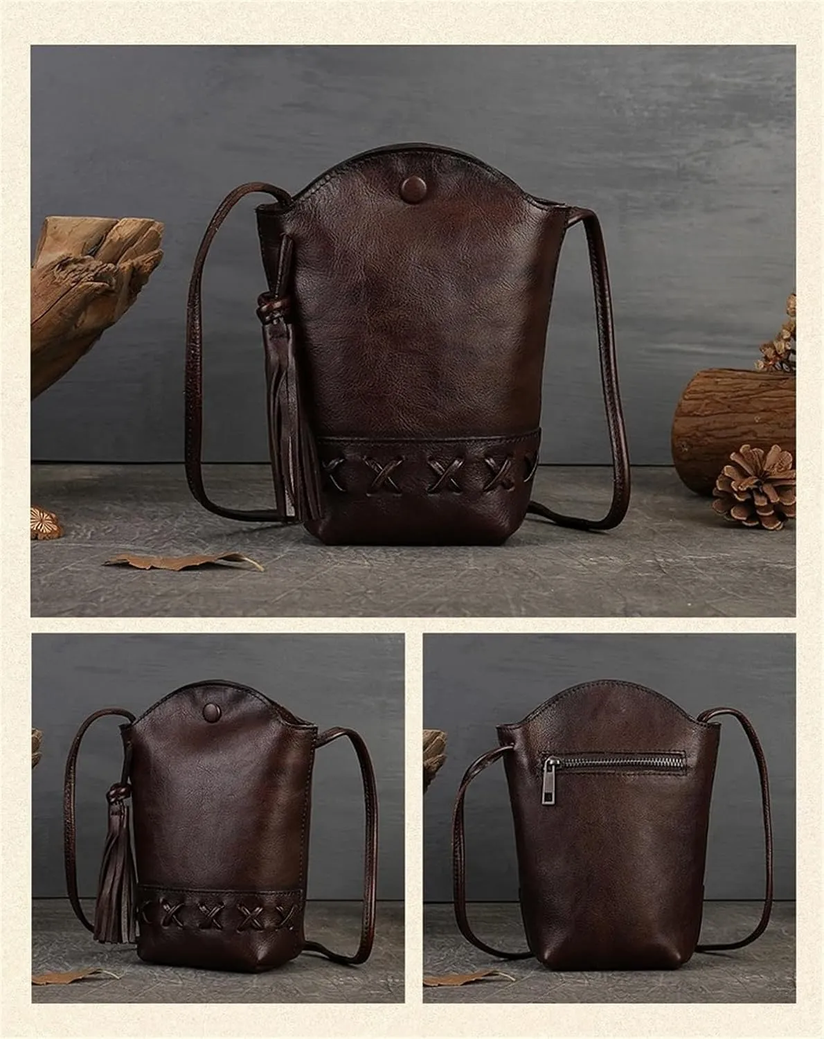 Ladies Mini Crossbody Bag Vintage Top Layer Cowhide Woven Mobile Pouch Casual Shoulder Bucket Bag with Tassel