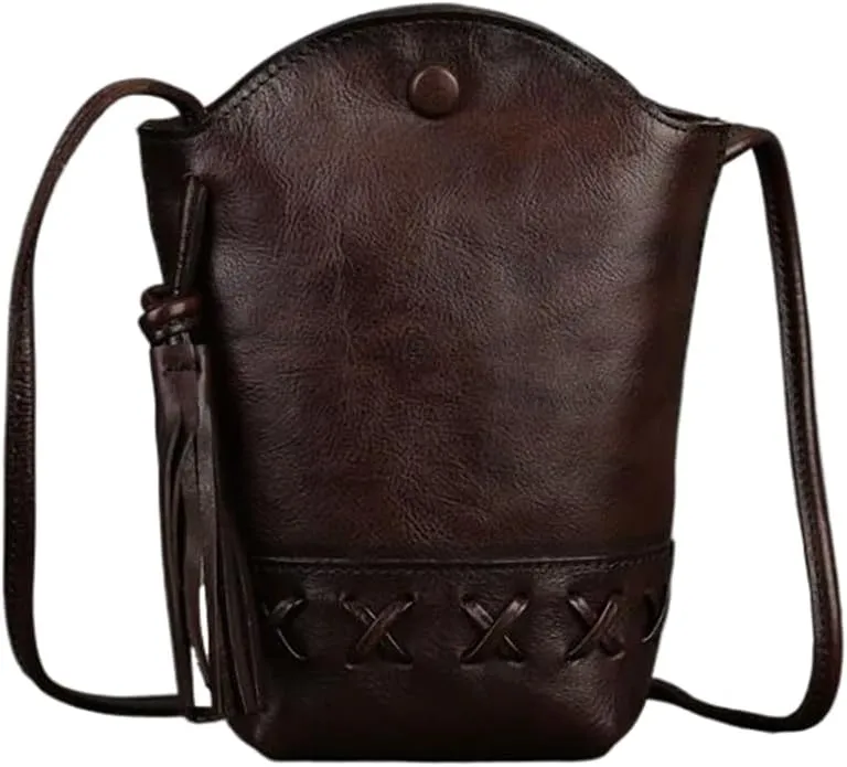 Ladies Mini Crossbody Bag Vintage Top Layer Cowhide Woven Mobile Pouch Casual Shoulder Bucket Bag with Tassel
