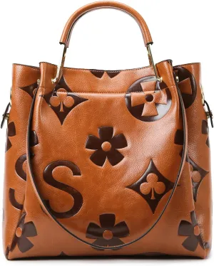 Large Handbag and Purse for Women, Embossed Top Handle Shoulder Bag Leather Satchel Bucket Tote Purse for Work