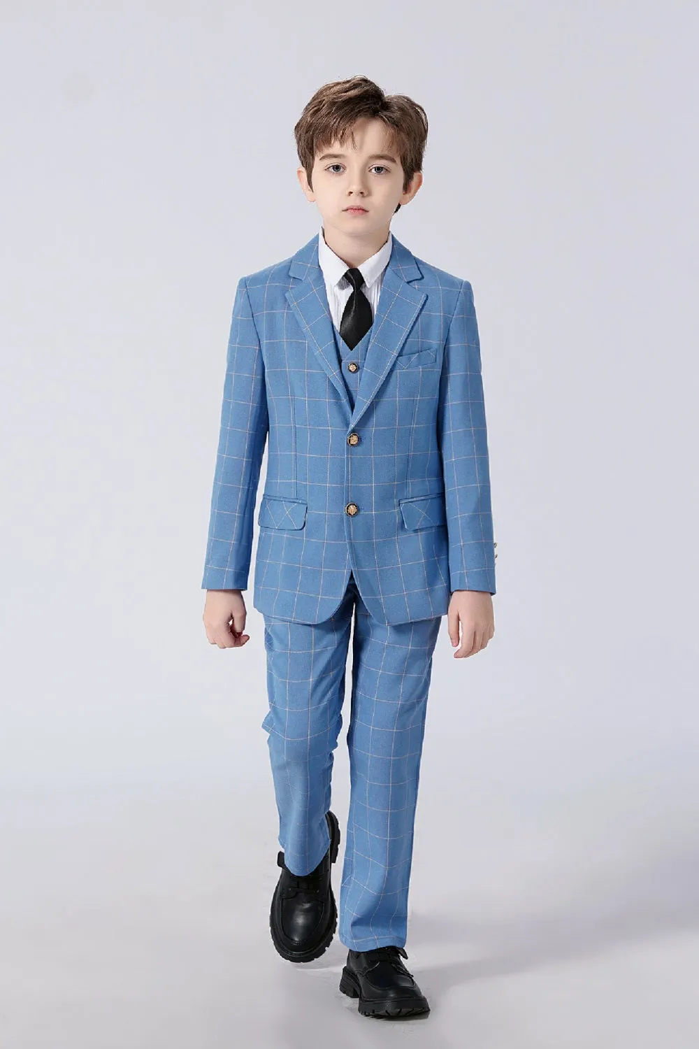 Light Blue Plaid Elegant Formal 5 Piece Boys Suits
