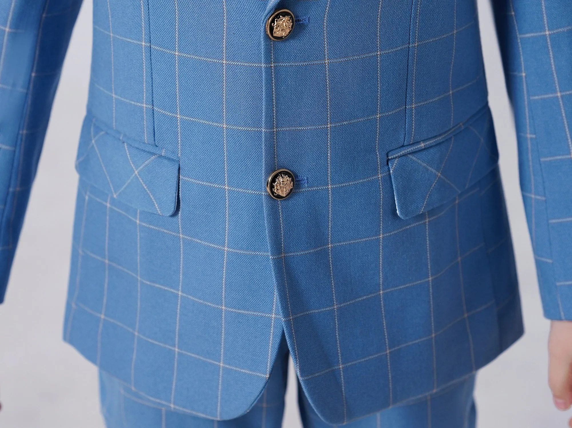 Light Blue Plaid Elegant Formal 5 Piece Boys Suits