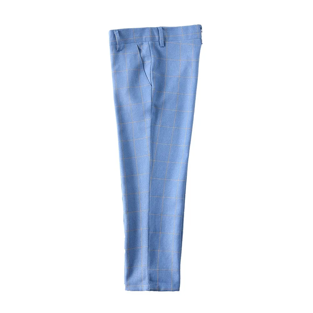 Light Blue Plaid Elegant Formal 5 Piece Boys Suits