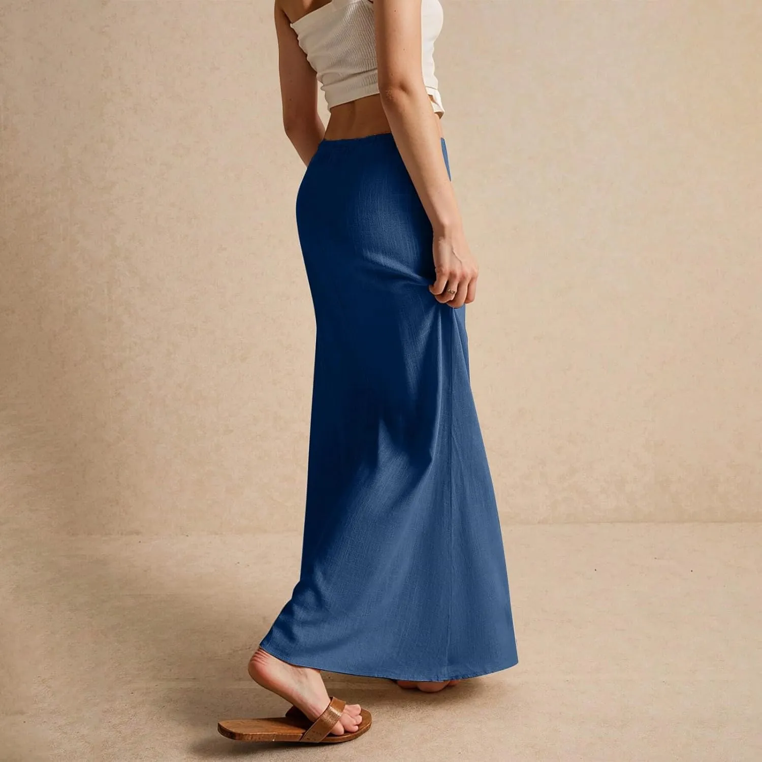 Linen Maxi Skirt for Women 2025 Summer Boho Flowy Long Skirts Drawstring Waist Y2k A Line Skirt Beach Cover Up Skirts