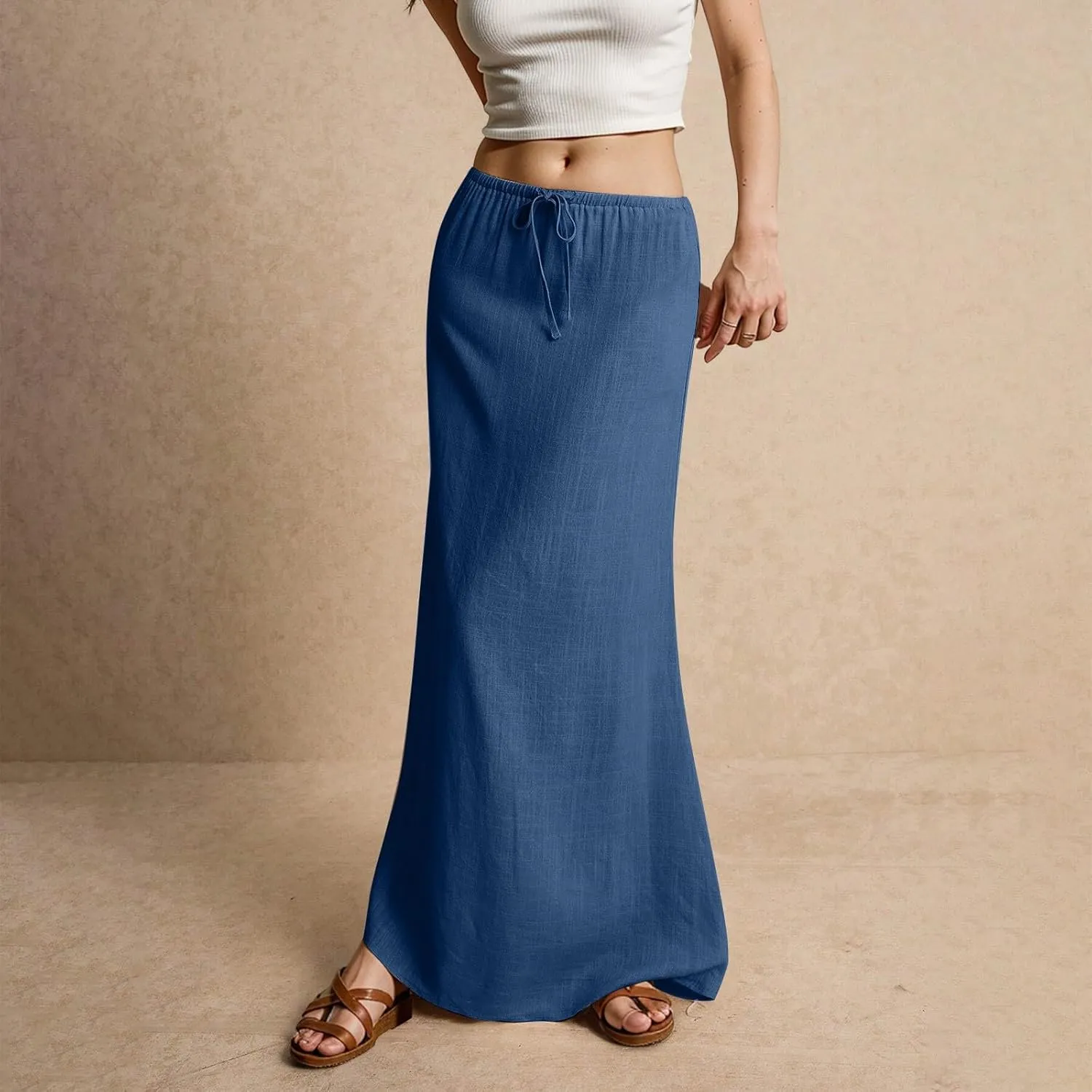 Linen Maxi Skirt for Women 2025 Summer Boho Flowy Long Skirts Drawstring Waist Y2k A Line Skirt Beach Cover Up Skirts